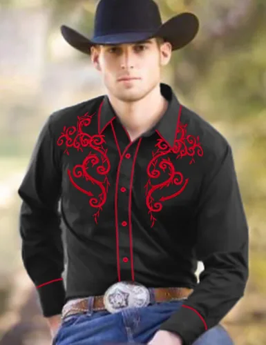 Vista 2 de LecGee Camisa vaquera occidental bordada de manga larga para hombre, ajuste regular, informal, de algodón, con botones