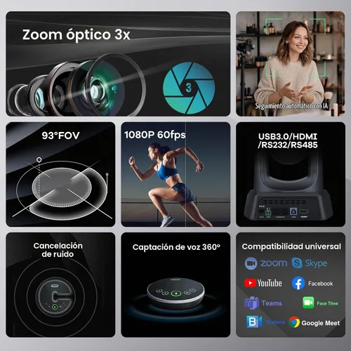 Vista 4 de TONGVEO Sistema de cámara de conferencia PTZ con seguimiento automático AI con micrófonos Bluetooth, zoom óptico 3X USB3.0 1080P 60fps, solución
