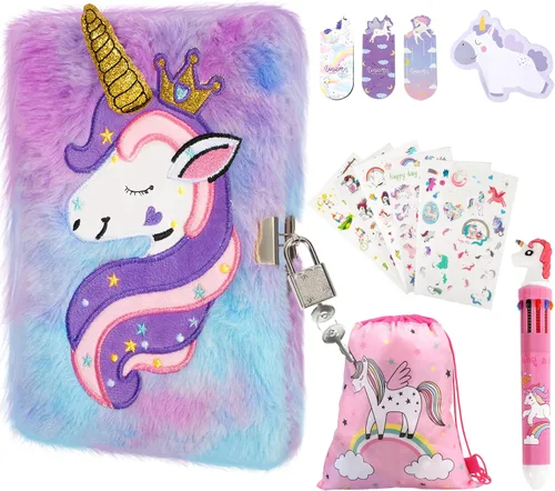 Vista 9 de homicozy Diario de unicornio para niños con cerradura y llave, diario difuso de teñido anudado para niñas de 6 años en adelante, cuaderno de tapa