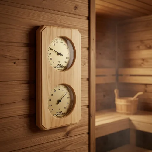 Vista 2 de Termómetro-higrómetro de madera premium de 10 pulgadas para sauna (precisión y diseño mejorados)