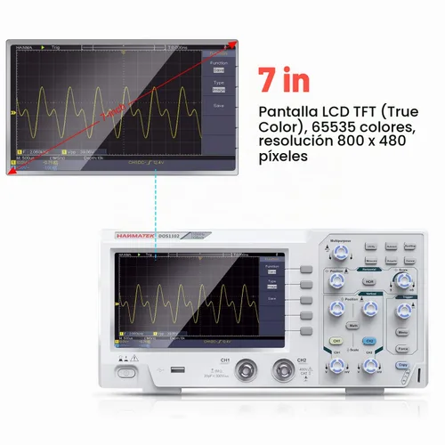 Vista 4 de HANMATEK DOS1102 - Osciloscopio digital con 110 MHz de ancho de banda, 2 canales y pantalla de 7 pulgadas / 18 cm, pantalla TFT-LCD, kit