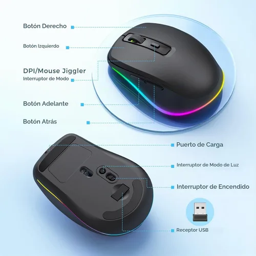 Vista 6 de PEIOUS Ratón Inalámbrico Jiggler – Ratones Inalámbricos LED con Jiggler Mover Integrado, Ratón Móvil Recargable para Computadora con Movimiento Negro