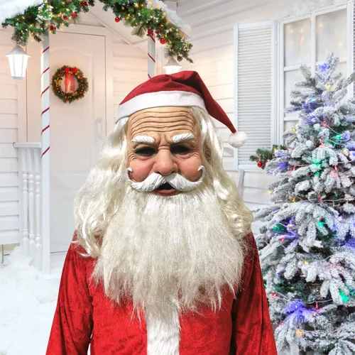 Vista 4 de Máscara vieja de barba blanca de Navidad, Santa Claus realista para mujeres, disfraz de Halloween, Navidad, abuela, abuelo, anciana, anciana
