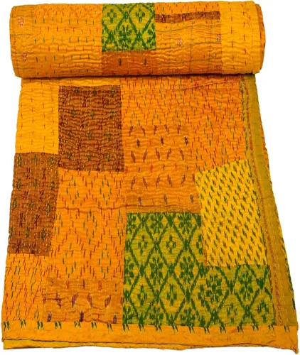 Vista 14 de Marubhumi Colcha india hecha a mano de seda india Sari Kantha acolchado patchwork (negro, individual (60 x 90 pulgadas)