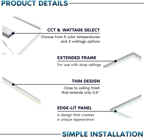 Vista 3 de Panel de luces LED de marco iluminado de 2 x 2 pies, 5CCT seleccionable 3000K-6500K, 2600/3900/5200LM, interruptor de 20W/30W/40W, luces de techo