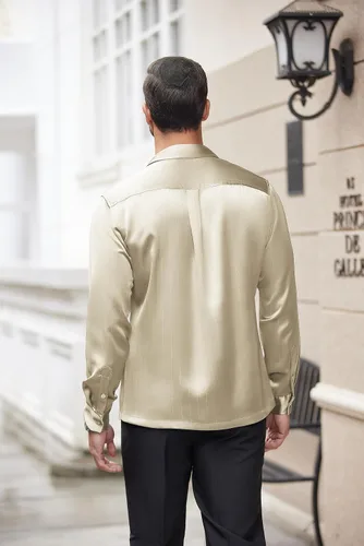 Vista 3 de COOFANDY Camisa de vestir de satén de lujo para hombre, de seda brillante, manga larga, con botones, camisa de boda, fiesta, baile de graduación