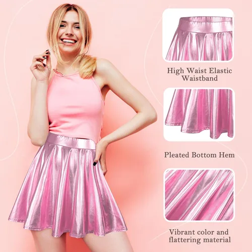 Vista 4 de Century Star Falda metálica para mujer, para Halloween, color plateado, brillante, acampanada, cintura alta, minifalda plisada holográfica para mujer