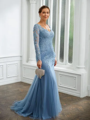 Vista 5 de Vestidos de fiesta de sirena para mujer, con apliques de encaje, tul de manga larga, vestido de noche formal