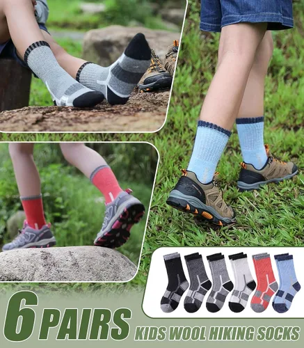 Vista 5 de NOCIN COLOR Calcetines de senderismo de lana merina para niños y niñas pequeños, térmicos, cálidos, para invierno, calcetines de regalo, 6 pares