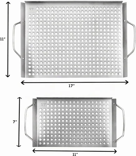 Vista 6 de Outset 76630 Rejilla superior de acero inoxidable para parrilla, juego de 2, 11"x7" y 11"x17" Stainless Steel Grill Toppers BBQ Veggie Grill