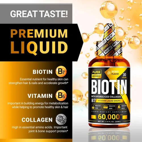 Vista 3 de Gotas líquidas de biotina y colágeno para el crecimiento del cabello, 60,000mcg - Suplemento de biotina y colágeno líquido para hombres y mujeres
