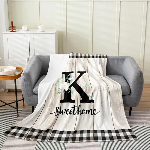 Vista 27 de Erosebridal Manta de franela de letras iniciales B, manta de vellón con letras ABC, 40 x 50 pulgadas, decoración rústica de granja, manta de felpa