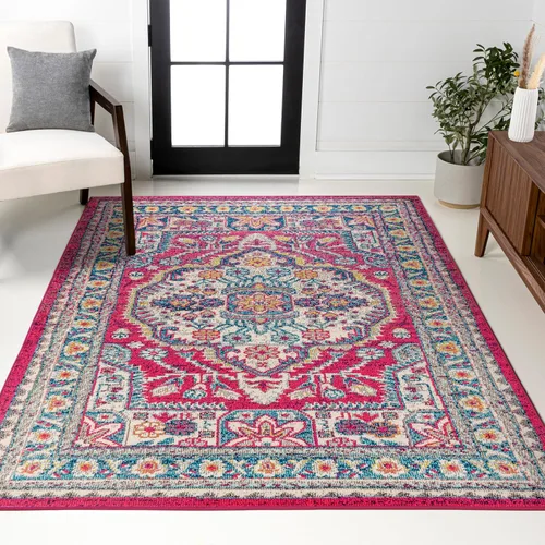 Vista 10 de JONATHAN Y Alfombra bohemia para interiores, color azul y amarillo, 3 x 5, medallón bohemio elegante, floral, fácil de limpiar, alto tráfico