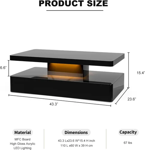 Vista 2 de Mesa de centro LED moderna, mesa de centro negra de alto brillo con luces LED de 16 colores, rectangular, 43.3 x 23.6 x 15.4 pulgadas Negro