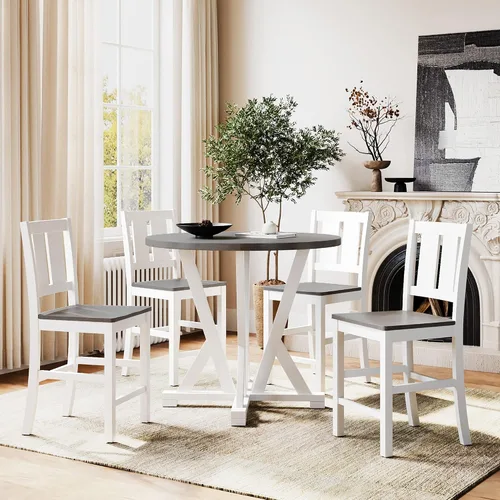 Vista 13 de Juego de mesa de comedor de madera de 5 piezas, mesa de comedor redonda extensible con 4 sillas de comedor, juego de mesa de cocina