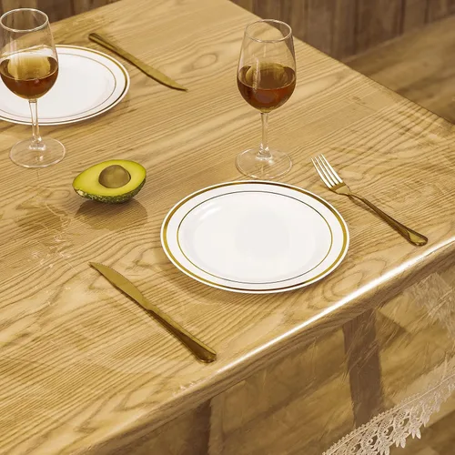 Vista 6 de Protector de plástico transparente para mesa, vinilo de PVC transparente con encaje para mantel de comedor, impermeable, a prueba de aceite