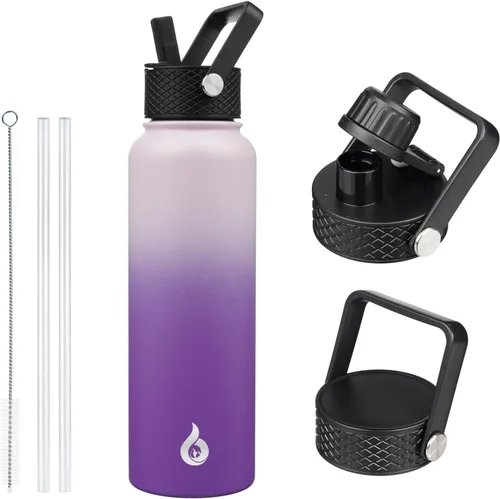 Vista 53 de BJPKPK Botellas de Agua Aisladas con Tapa de Pajita, Botella de Agua de Acero Inoxidable de 18oz, Termo Frío Caliente con 3 Tapas, Vaso de Viaje a