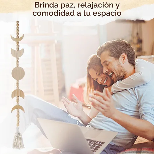 Vista 5 de Colgante de pared de fase lunar de madera, decoración de dormitorio celestial estética bohemia para el hogar (beige)