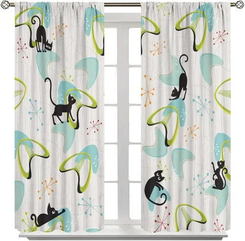 Vista 3 de Cortinas de gato negro de mediados de siglo, moderno diseño geométrico abstracto atómico de explosión de estrellas para dormitorio, sala de estar