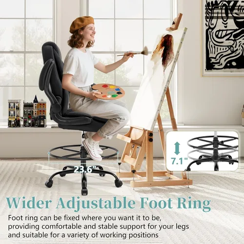 Vista 6 de Silla ergonómica de dibujo, silla de oficina alta para escritorio de pie, silla de escritorio de pie con respaldo alto con reposabrazos abatibles