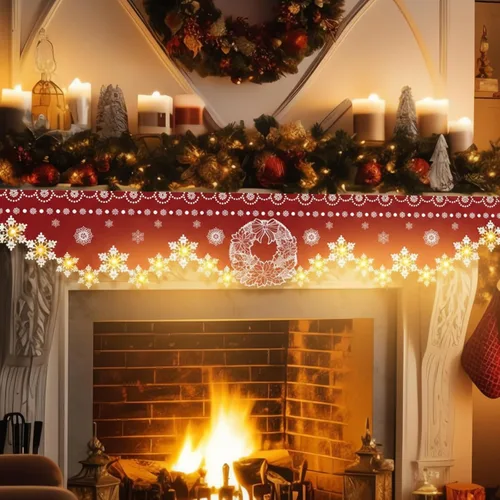 Vista 3 de Nuanchu Bufanda de mantel de Navidad de 96 x 18 pulgadas, bufanda roja iluminada para chimenea con decoración de corona de copo de nieve, cubierta