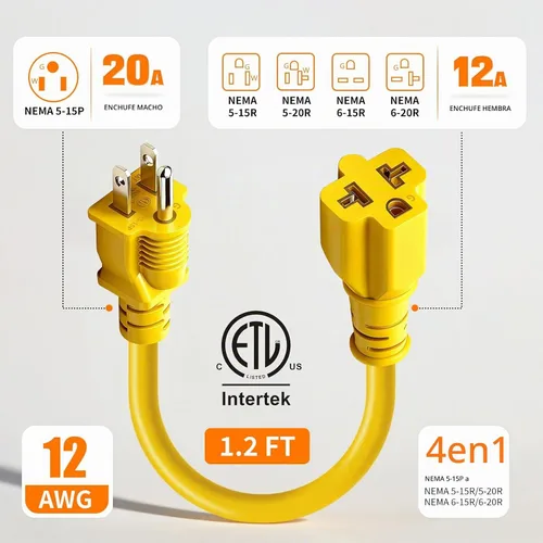 Vista 2 de Cable de extensión 4 en 1 de 15 amperios a 20 amperios y adaptador de corriente de 1 pie, adaptador de hoja T - 5-15P a 5-20R, 6-15R, 6-20R, cable