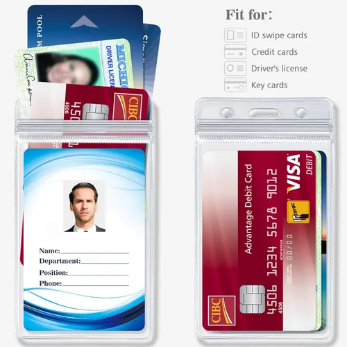Vista 3 de Soporte para tarjetas de identificación con clips de metal – Impermeable sellable transparente titular de la tarjeta de identificación vertical
