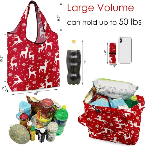 Vista 3 de BeeGreen Bolsas de comestibles reutilizables de Navidad con bolsa de almacenamiento con cremallera, paquete de 10 bolsas de compras reutilizables a