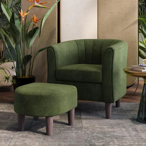 Vista 12 de LINSY Silla decorativa con otomana, moderna silla de barril pequeña, silla de lectura con reposapiés, cómoda silla con brazos redondos para sala