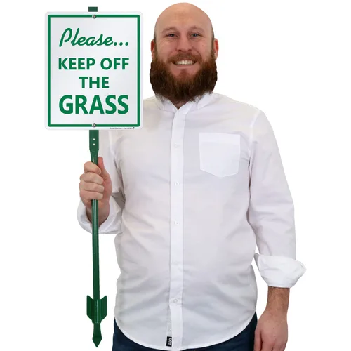 Vista 2 de SmartSign Letrero LawnBoss® con texto en inglés "Please - Keep Off the Grass", letrero de aluminio de 10 x 12 pulgadas con estaca de 3 pies Letrero