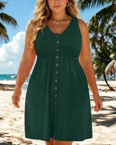 Vista 12 de Holipick Vestidos de verano para mujer, talla grande, casual, con bolsillos, acampanado, con botones, sin mangas, cuello en V