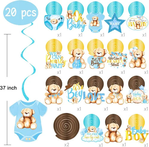 Vista 2 de 20 piezas de oso de peluche colgantes con diseño de remolinos We Can Bearly Wait Baby Shower Decoraciones It's a Boy Ceiling Swirl Bear Baby Shower
