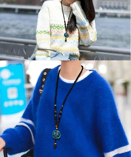 Vista 3 de Collar largo vintage hecho a mano con cuentas de madera turquesa para mujer joyería de moda Metal