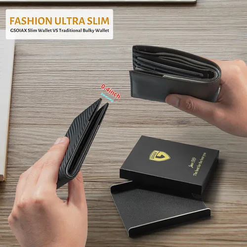 Vista 3 de GSOIAX Cartera delgada de cuero plegable RFID para hombre, billetera minimalista con bolsillo frontal con clip para dinero, 12 ranuras para Negro