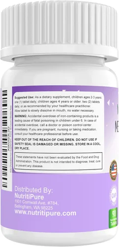 Vista 7 de Suplemento de hierro masticable para niños, hierro carbonílico Ferronyl® 9 mg, vitamina C 30 mg, sabor a uva, 90 tabletas (2 botellas)