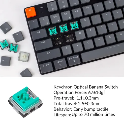 Vista 5 de Keychron K1 SE 87 teclas ultradelgado teclado mecánico inalámbrico Bluetooth USB con retroiluminación LED blanca interruptor óptico menta de perfil