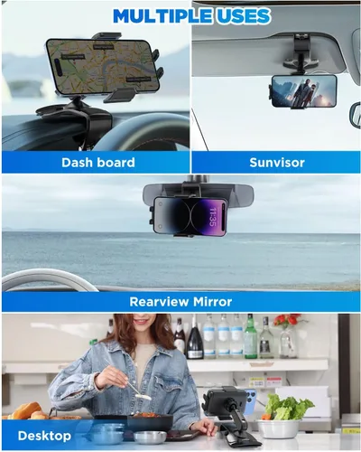 Vista 6 de IPOW Soporte de clip para teléfono del tablero del automóvil, rotación de 360 grados, soporte de abrazadera para teléfono del tablero y volante