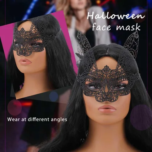 Vista 6 de Obmyec Máscara de encaje de Halloween, máscara elástica de Mardi Gras, disfraz para mujer (conejo negro)