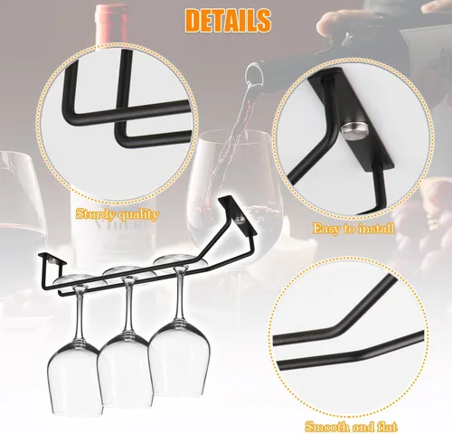 Vista 5 de Estante para copas de vino negro de 10.8 pulgadas, soporte para copas de vino debajo del gabinete, colgador de metal para almacenamiento de cocina