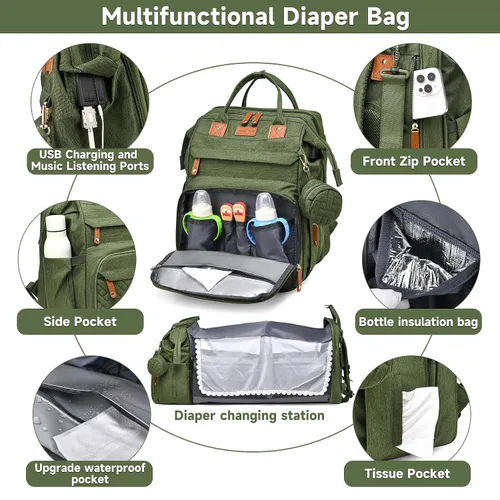 Vista 5 de ANWTOTU Mochila Bolsa para Pañales, Verde militar Mochila de viaje impermeable multifuncional con cambiador, estuche para chupete y correas
