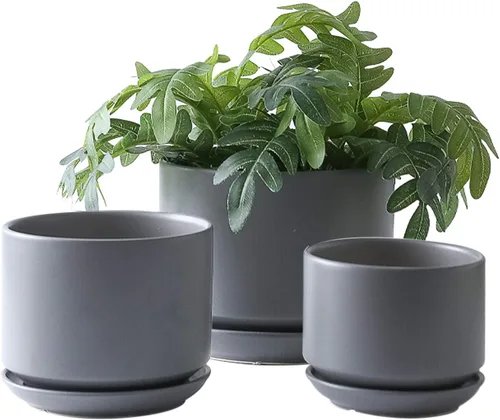Vista 6 de Yishang Macetas suculentas de cerámica esmaltada de 6.7 + 5.3 + 4.1 pulgadas con platillos conectados, macetas redondas de cerámica modernas Mate