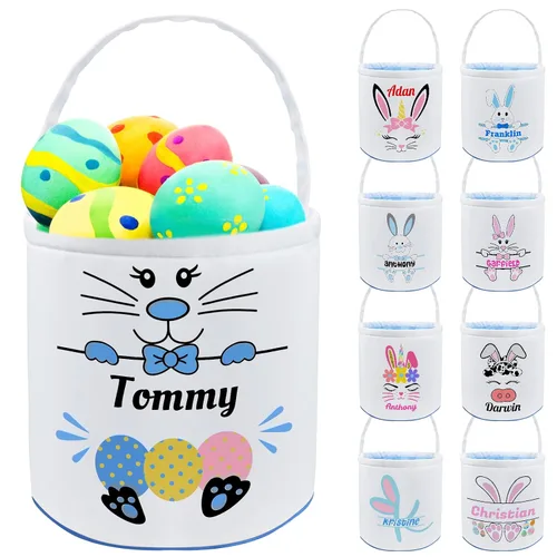 Vista 25 de Cesta de Pascua personalizada con nombre, bolsas de lona personalizadas para niños, cestas de Pascua para bebés, niños y niñas, color azul