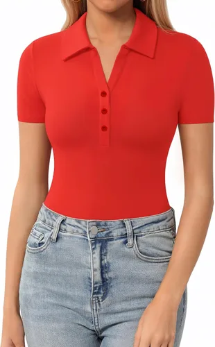 Vista 15 de HERLOLLYCHIPS Womens Short Sleeve Tops V Neck Button Down Collared Fitted Shirts