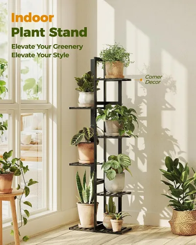 Vista 3 de Bamworld Soporte de bambú para plantas de interior con 6 niveles, estante de plantas de exterior, soporte de esquina para múltiples plantas, soporte