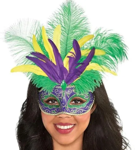 Vista 2 de Máscara de plumas de diamante Mardi Gras con purpurina brillante, 12.5 x 7 pulgadas (1 unidad), perfecta para bailes de máscaras, fiestas