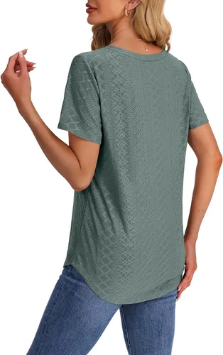 Vista 5 de OFEEFAN Camisetas básicas de manga corta con cuello en V para mujer, ajuste holgado, con dobladillo curvado B-verde