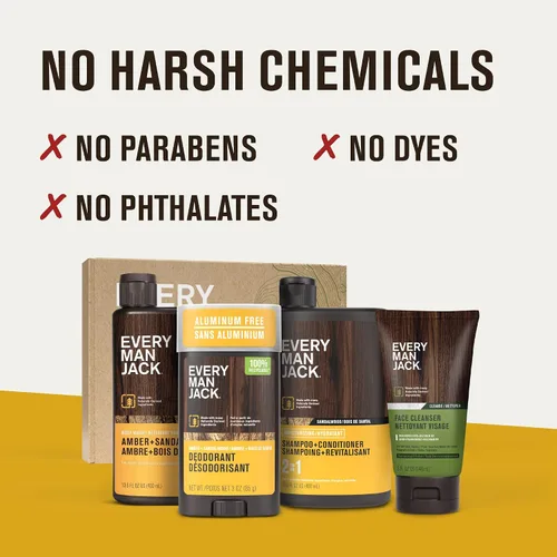 Vista 4 de Every Man Jack Set de regalo para el baño y el cuerpo para hombre, aroma ámbar + sándalo, ingredientes limpios, incluye gel de baño hidratante