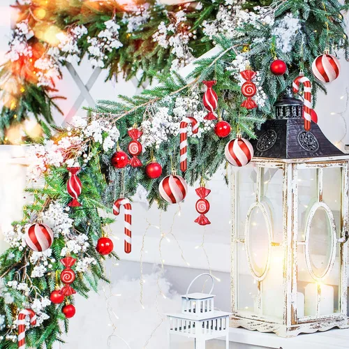Vista 3 de Aoriher 24 piezas de adornos de bastón de caramelo de Navidad, rojo y blanco, de plástico, bastón de caramelo de menta, decoraciones de Navidad