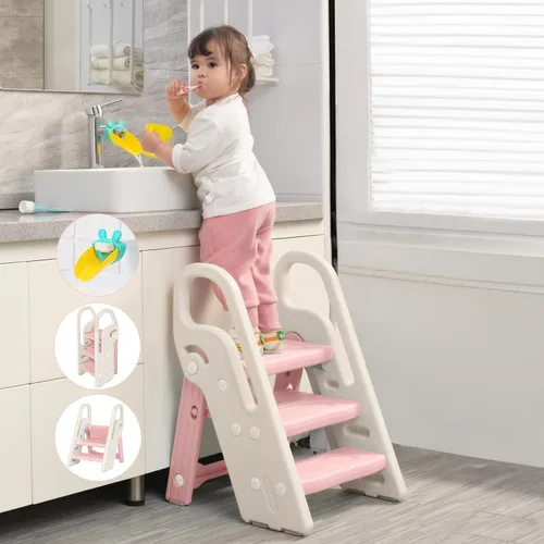 Vista 10 de Onasti Taburete plegable para niños pequeños para lavabo de baño, taburete ajustable de 3 pasos para niños, taburete de entrenamiento para orinal