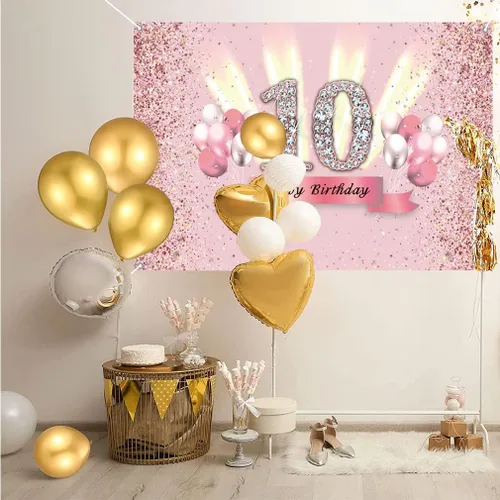 Vista 3 de Decoraciones de cumpleaños número 10 para niñas, cartel de fondo de feliz cumpleaños número 10, cartel de tela para fiesta de 10 años de edad